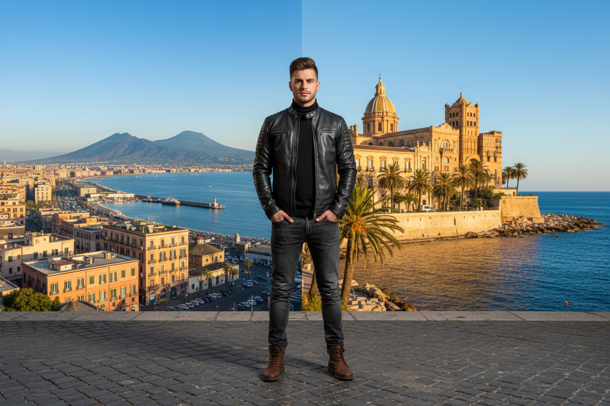 Ragazzo con giubbino in pelle blauer con sfondo di Napoli e Palermo 