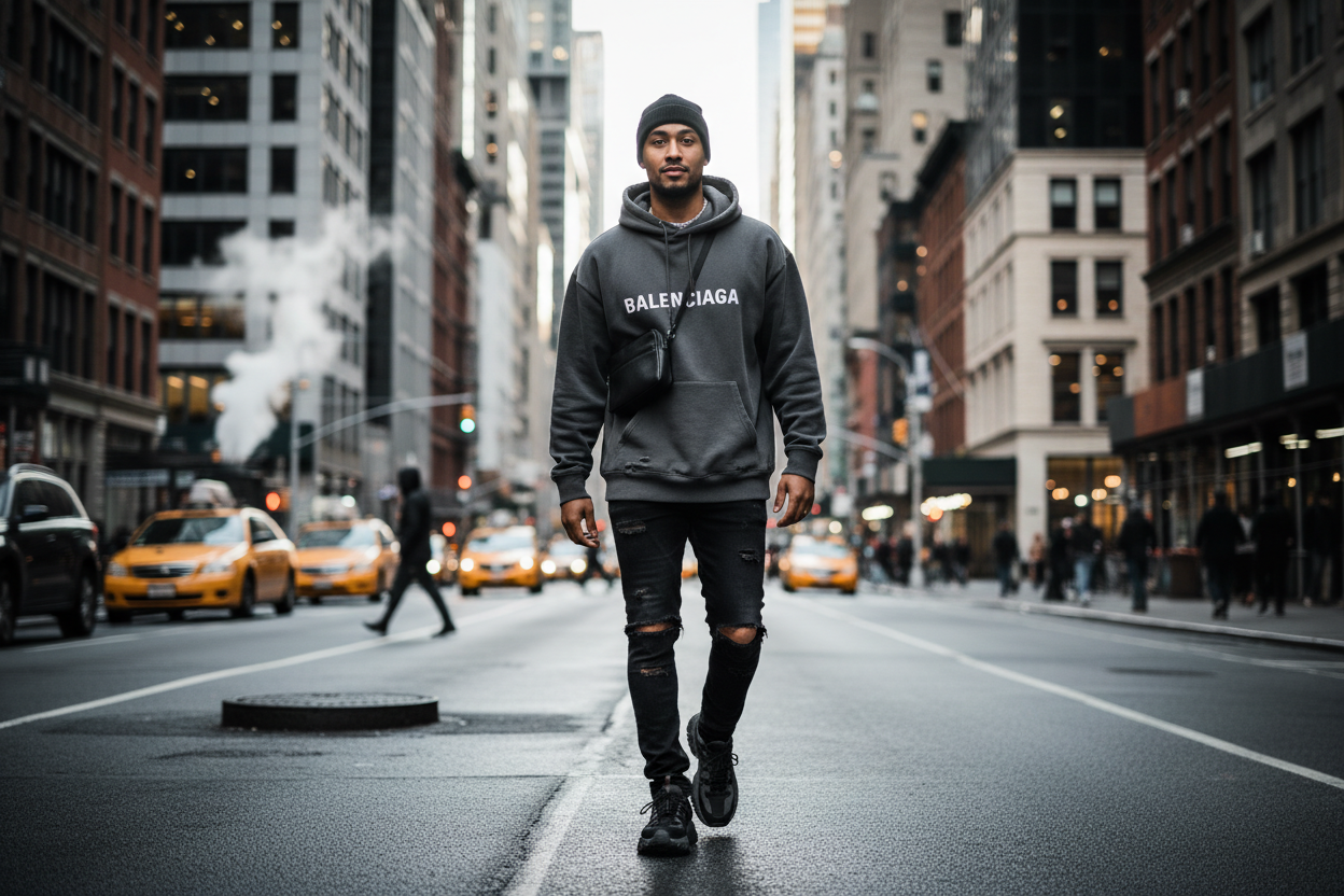 Uomo con felpa Balenciaga a NewYork