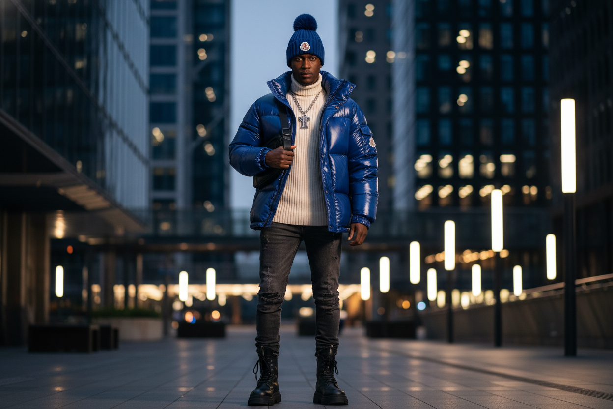 Uomo con piumino e capello Moncler 